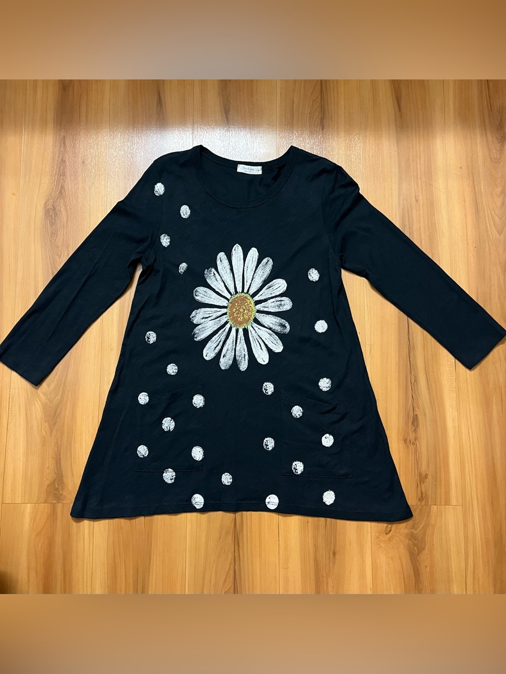 Jess & Jane Black Daisy Polka Dot Cotton Tunic Pockets M
